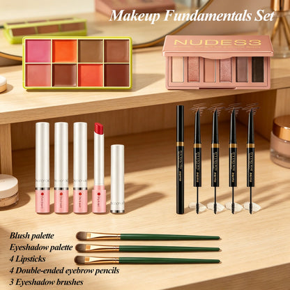 Makeup Fundamentals Set Blush Palette，Eyeshadow Palette, Lipstick, Eyebrow Pencil, Eyeshadow Brush Beauty Cosmetic for Daily Use
