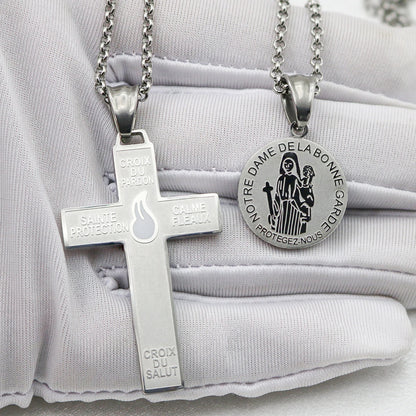 316L Stainless Steel Our Lady of Good Guard Medal Necklace With Chain Marie Julie Jahenny Cross of Forgiveness Protection Charm