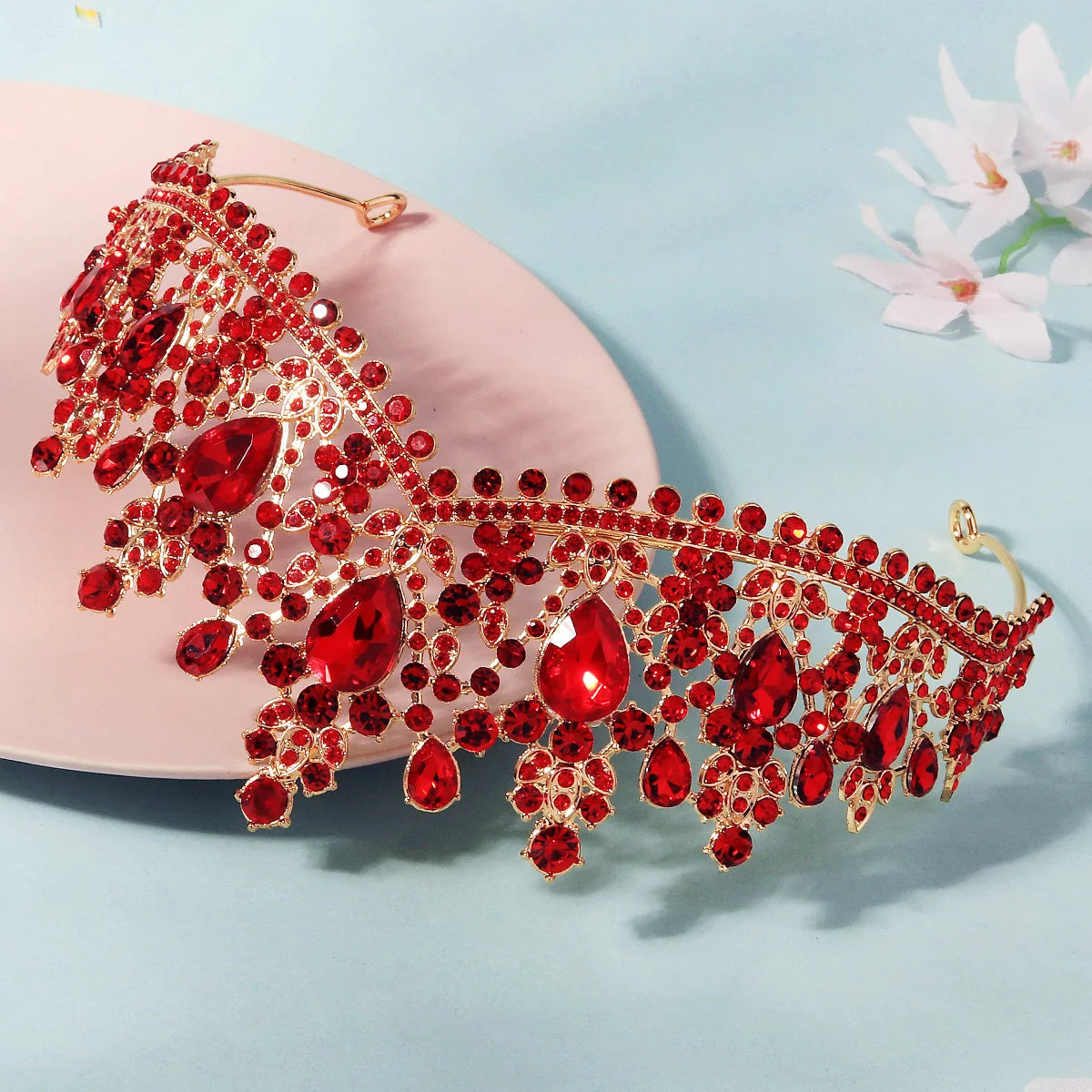 Luxury Red Rhinestone Bridal Tiara Headband Baroque Crystal Grand Crown For Women Banquet Jewelry Hair Accessories