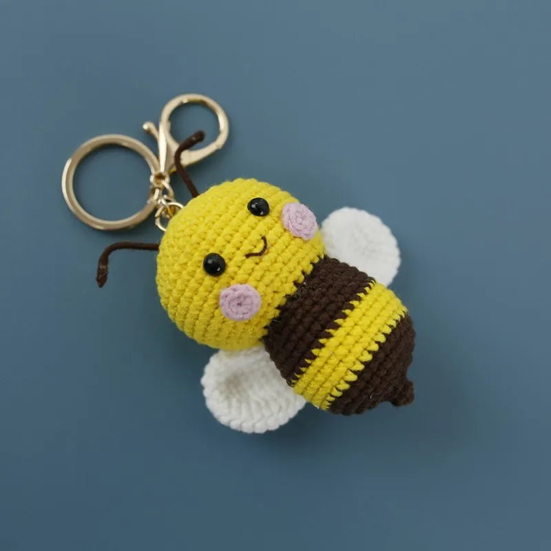 Cute Bee Crochet Keychain For Gifts Handmking Cartoon Bee Doll Knitting Keyrings Knitted Bee Doll Custom Accessories Wholesale