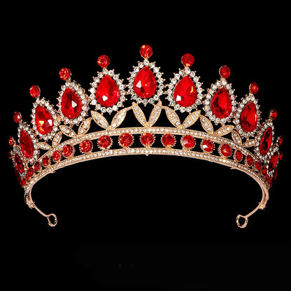 Luxury Red Rhinestone Bridal Tiara Headband Baroque Crystal Grand Crown For Women Banquet Jewelry Hair Accessories