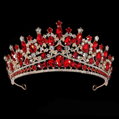 Luxury Red Rhinestone Bridal Tiara Headband Baroque Crystal Grand Crown For Women Banquet Jewelry Hair Accessories